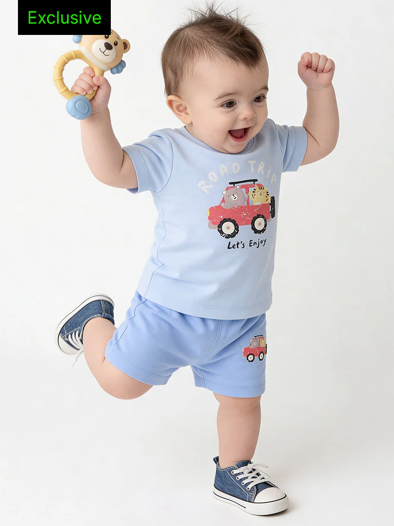 2-Piece HOP Baby Boys Blue Printed Cotton Set