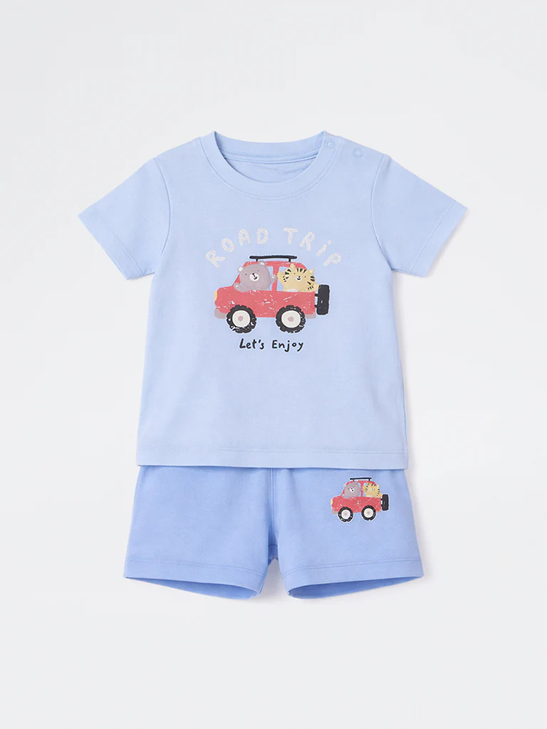2-Piece HOP Baby Boys Blue Printed Cotton Set - Image 2