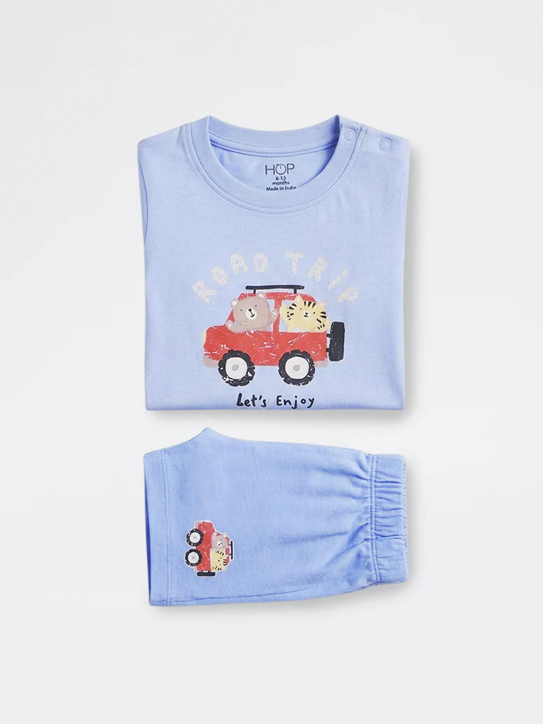 2-Piece HOP Baby Boys Blue Printed Cotton Set - Image 4