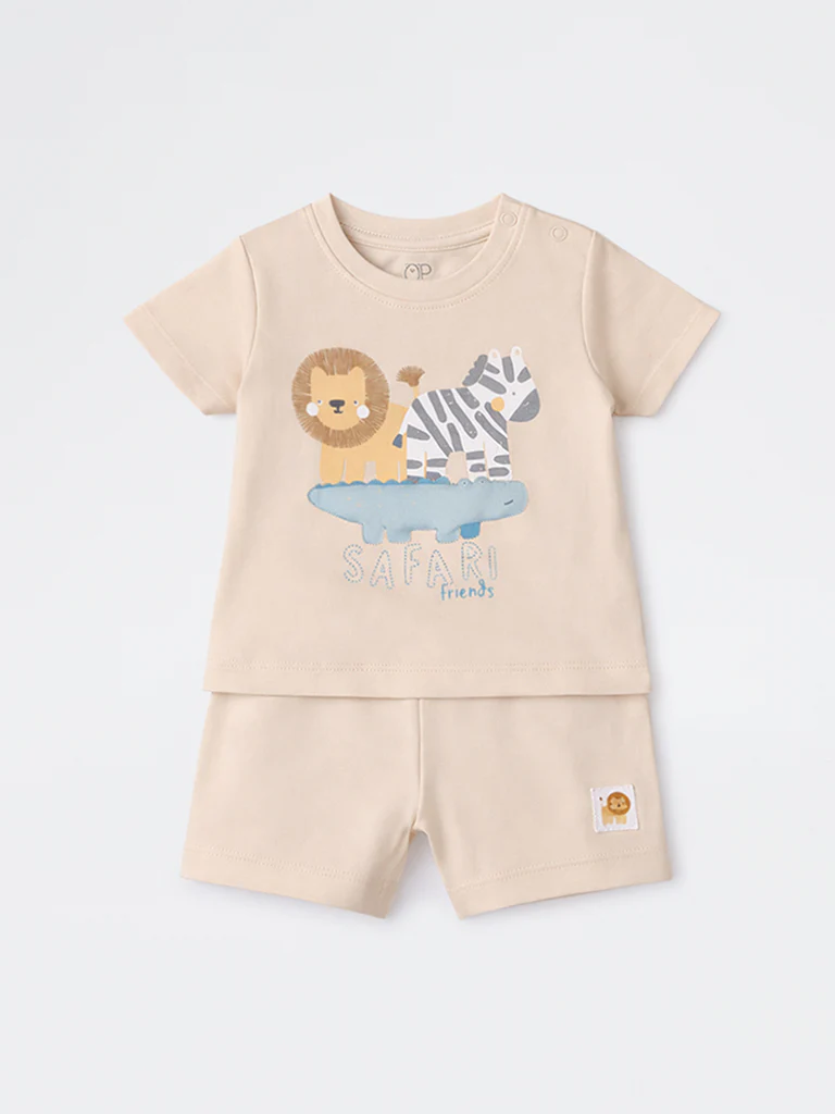2-Piece HOP Baby Boys Taupe Animal Printed Cotton Set - Image 2