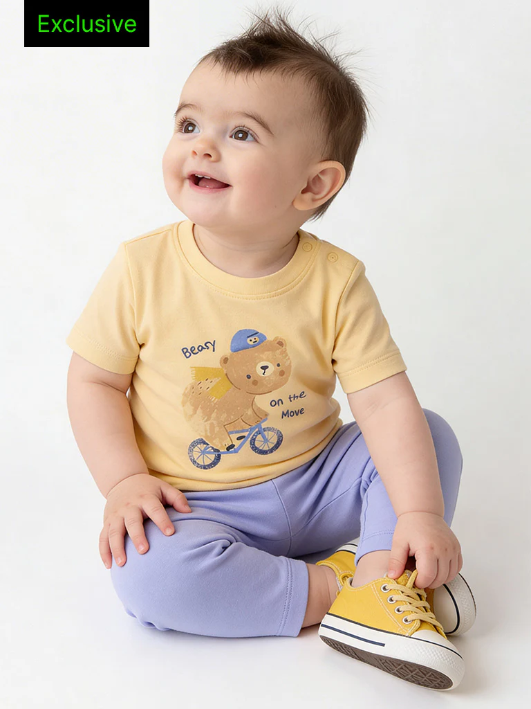 2-Piece HOP Baby Boys Yellow Bear Printed Cotton Set