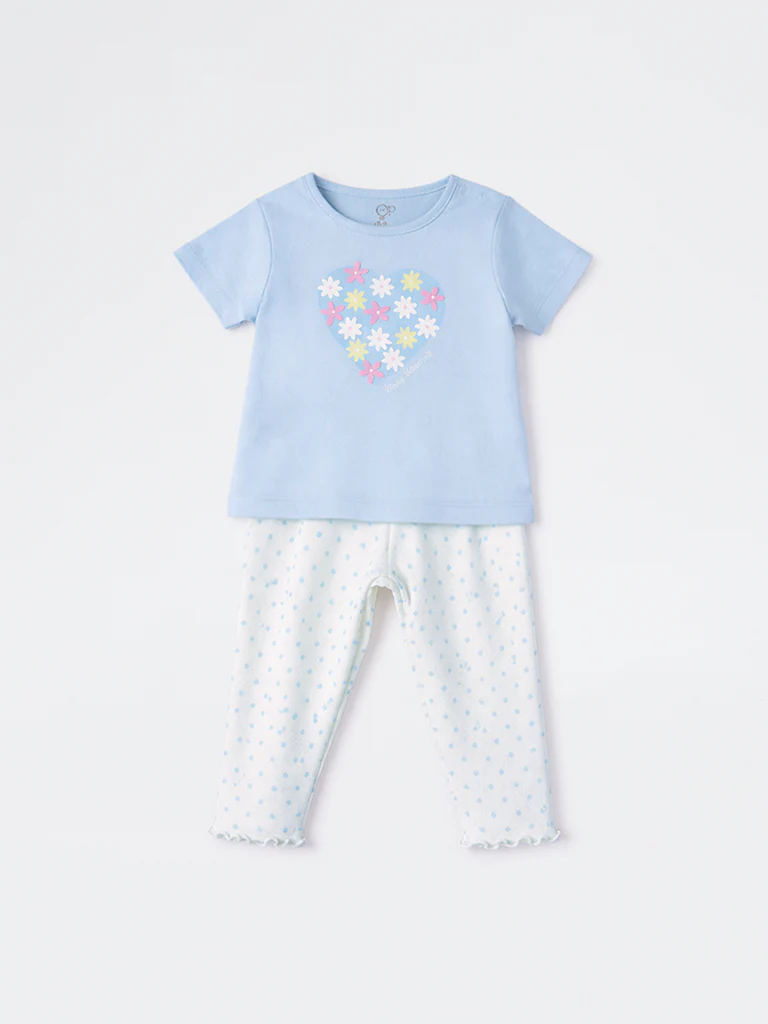 2-Piece HOP Baby Girls Blue Floral Printed Cotton Set - Image 2