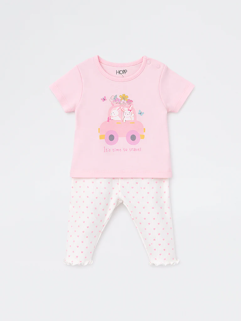 2-Piece HOP Baby Girls Pink Printed Cotton Set - Image 2