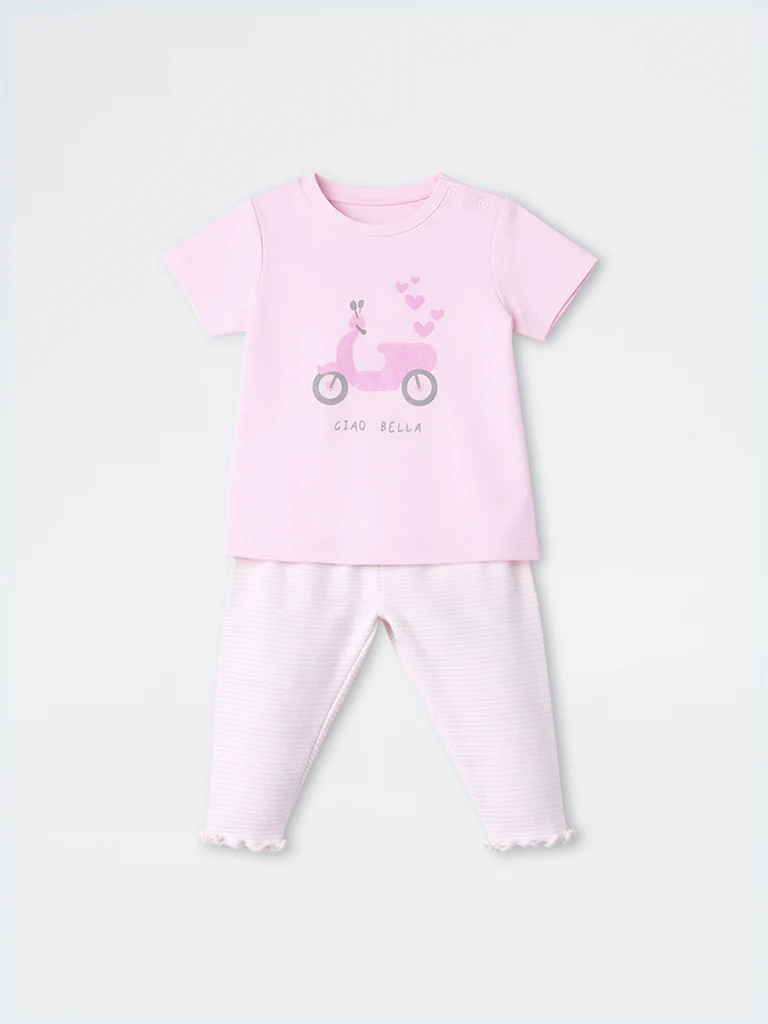 2-Piece HOP Baby Girls Pink Scooter Printed Cotton Set - Image 2