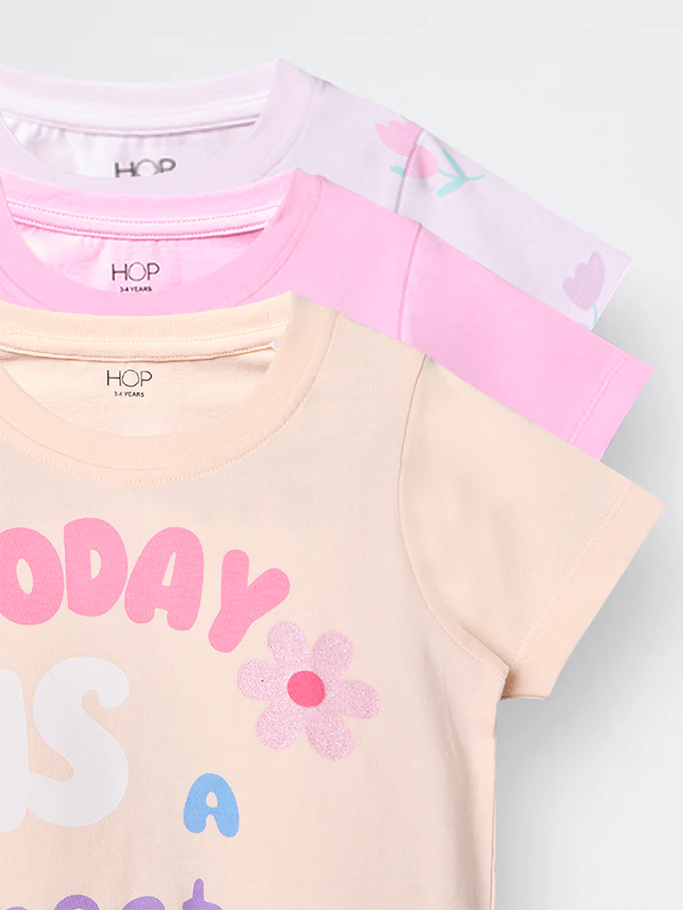 3-Pack HOP Kids Girls Light Pink Printed Cotton T-Shirts - Exclusive - Image 6