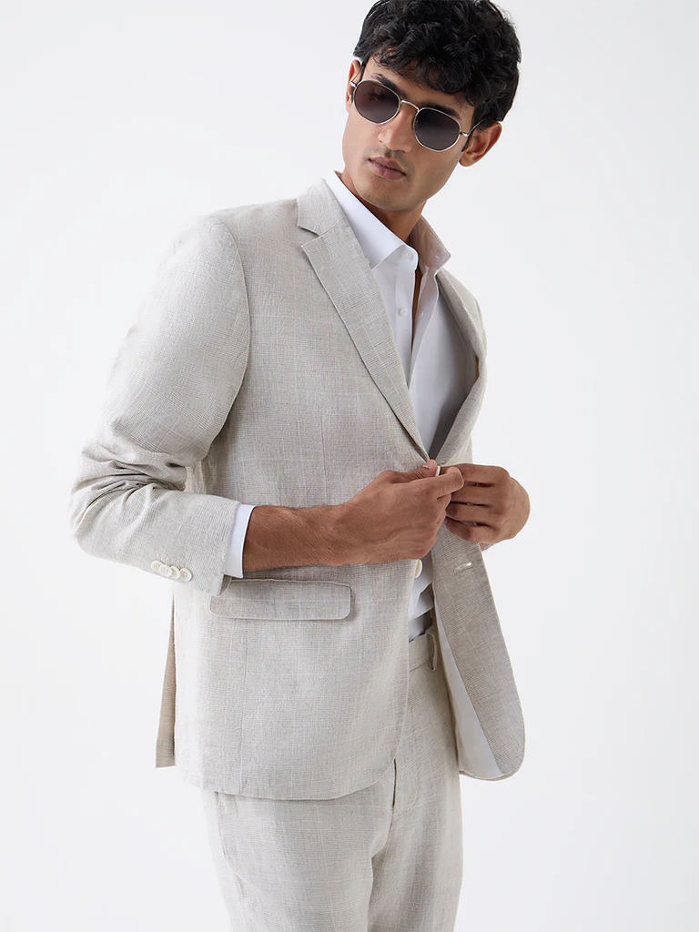 Ascot Beige Checkered Relaxed-Fit Linen Blazer - Image 2