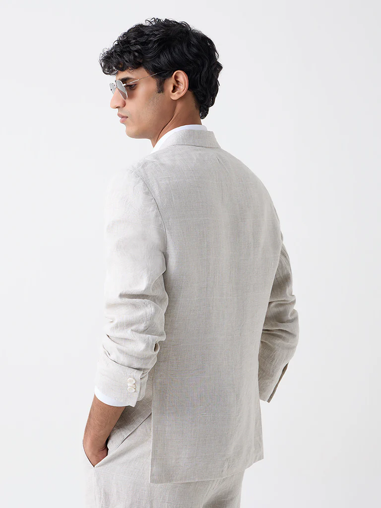 Ascot Beige Checkered Relaxed-Fit Linen Blazer - Image 4