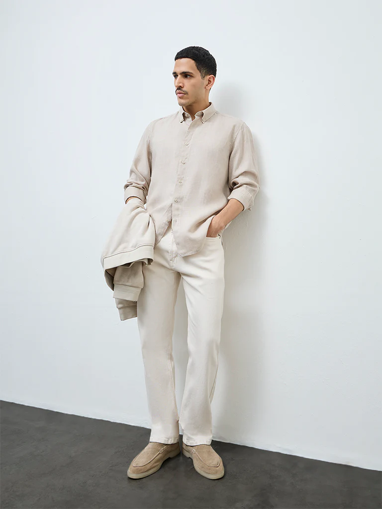 Ascot Beige Checks Pattern Relaxed-Fit Linen Shirt