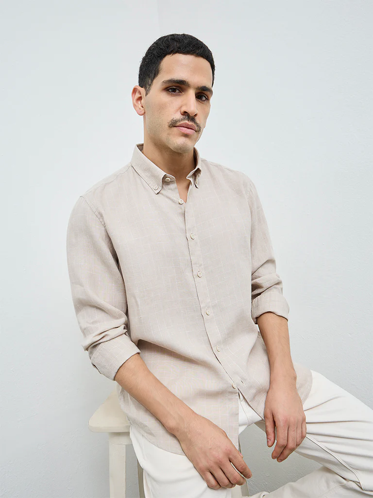 Ascot Beige Checks Pattern Relaxed-Fit Linen Shirt - Image 2