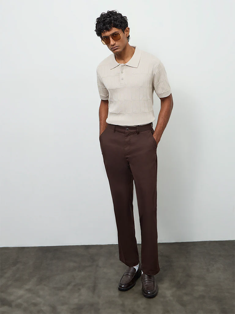 Ascot Beige Knit-Textured Relaxed-Fit Cotton Polo T-Shirt - Image 3