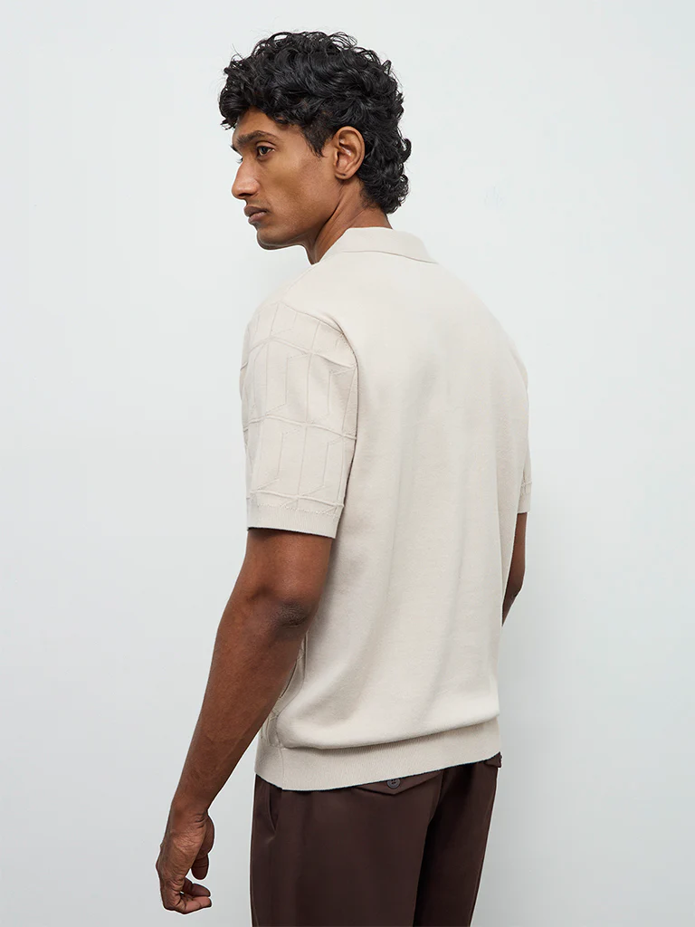 Ascot Beige Knit-Textured Relaxed-Fit Cotton Polo T-Shirt - Image 5