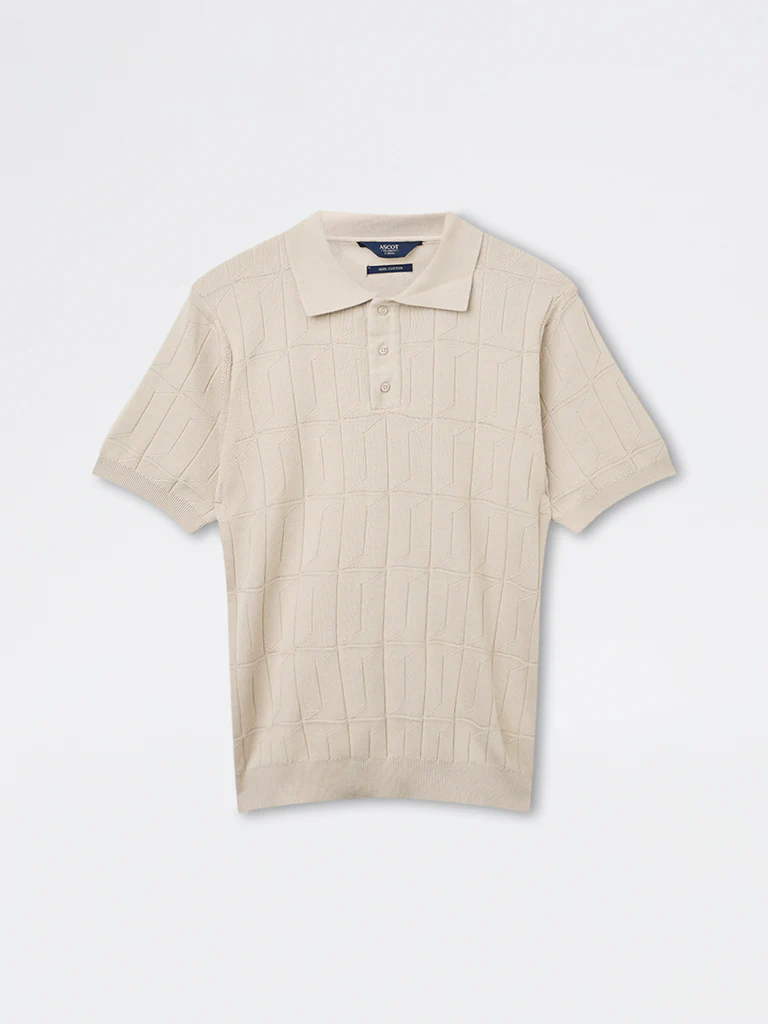 Ascot Beige Knit-Textured Relaxed-Fit Cotton Polo T-Shirt - Image 6