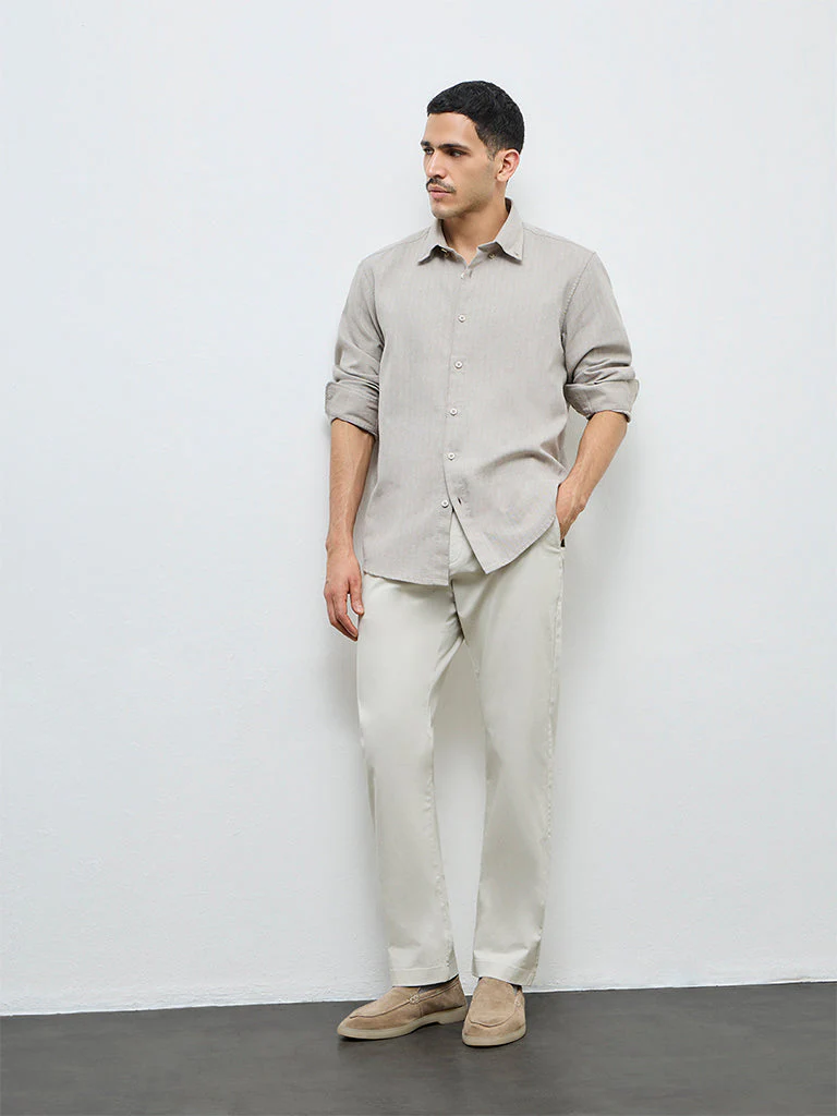 Ascot Beige Relaxed-Fit Mid-Rise Cotton-Blend Trousers