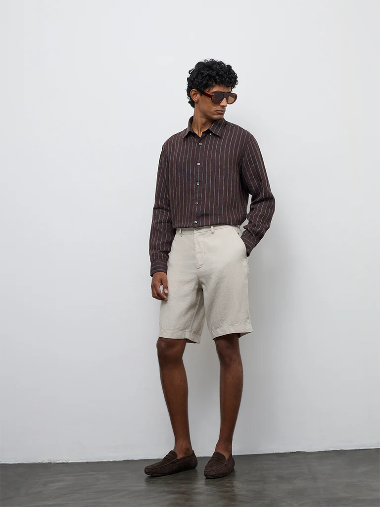 Ascot Beige Relaxed-Fit Mid-Rise Linen Shorts