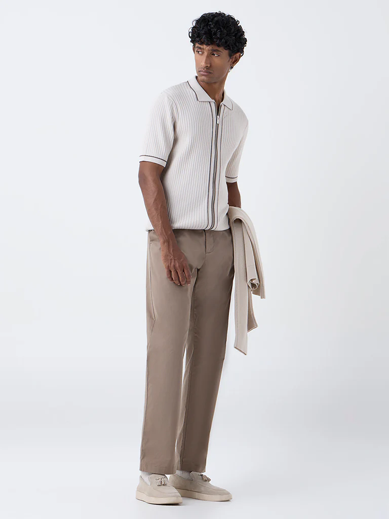 Ascot Beige Self-Stripe Relaxed-Fit Cotton-Blend T-Shirt - Image 3