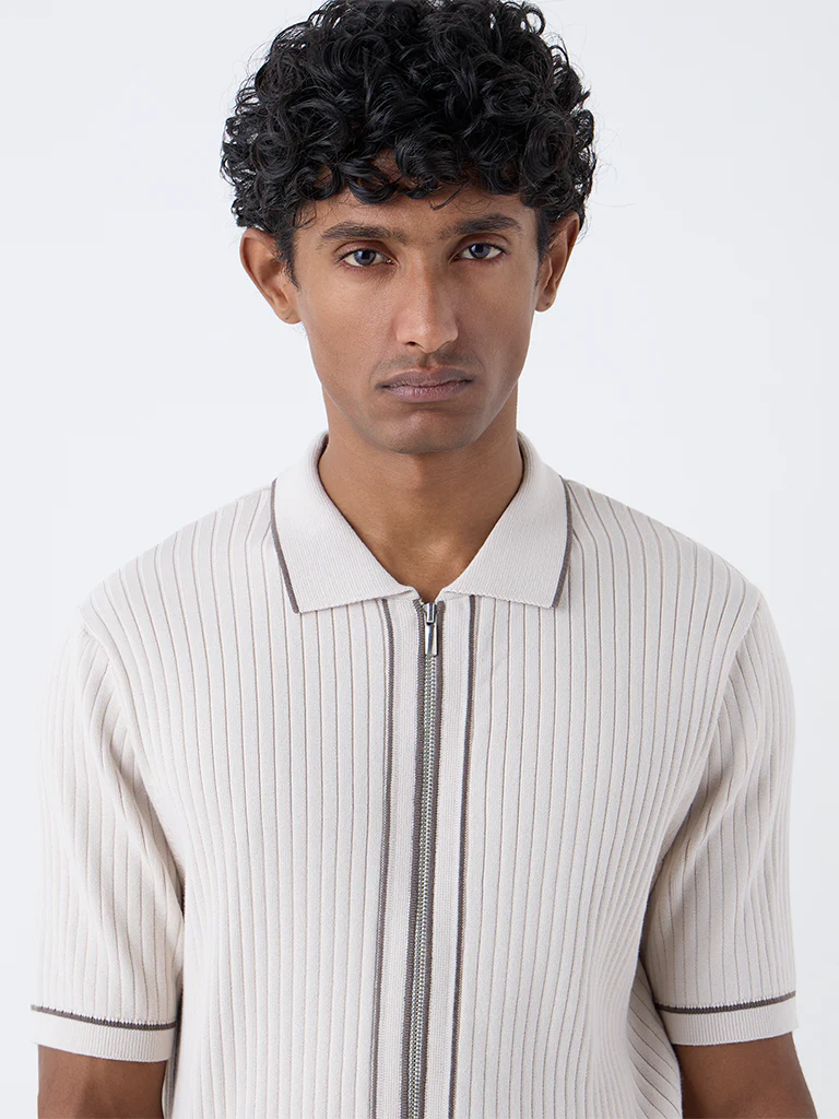 Ascot Beige Self-Stripe Relaxed-Fit Cotton-Blend T-Shirt - Image 4