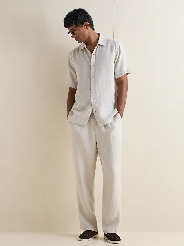 Ascot Beige Solid Relaxed-Fit Linen Shirt