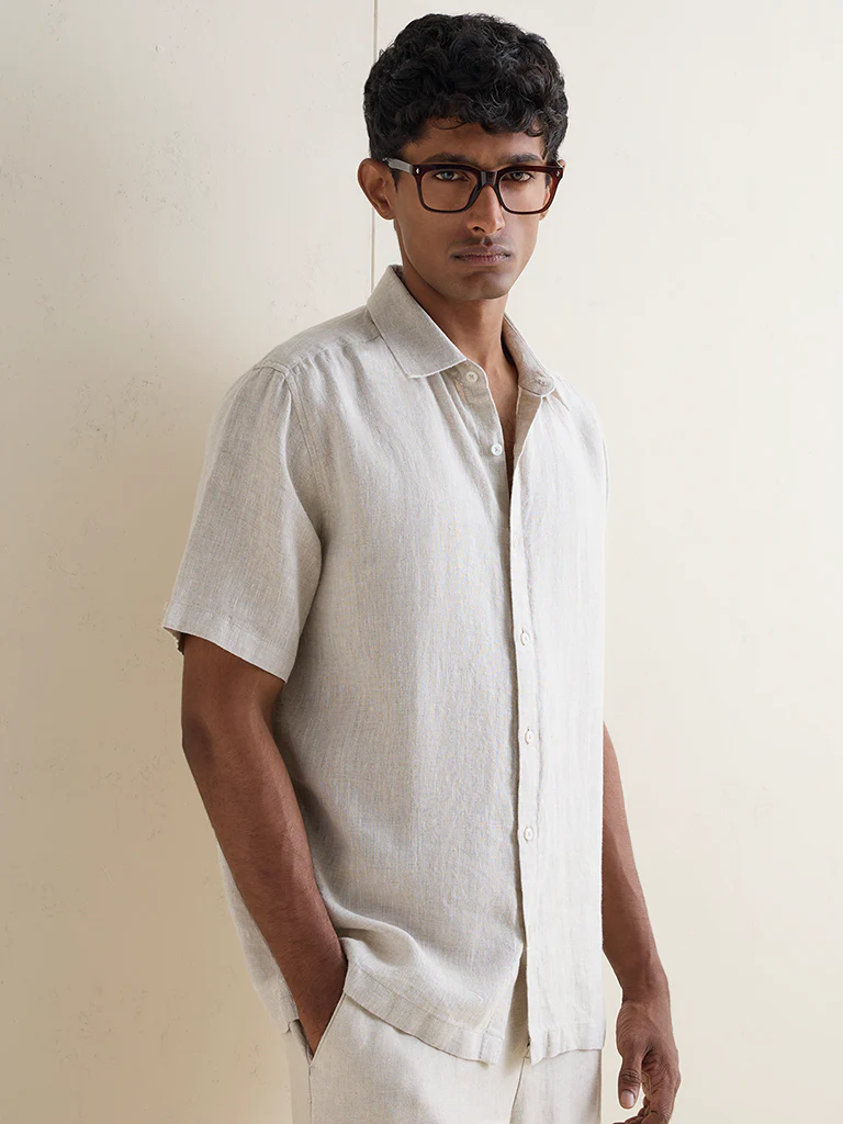 Ascot Beige Solid Relaxed-Fit Linen Shirt - Image 2