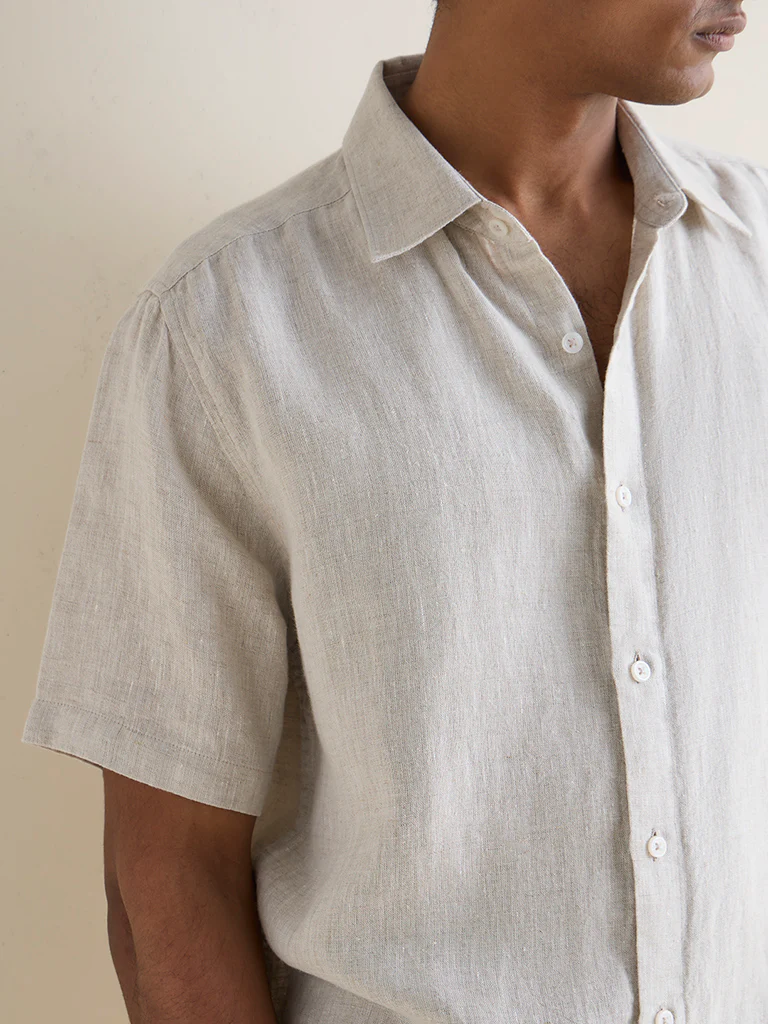 Ascot Beige Solid Relaxed-Fit Linen Shirt - Image 3