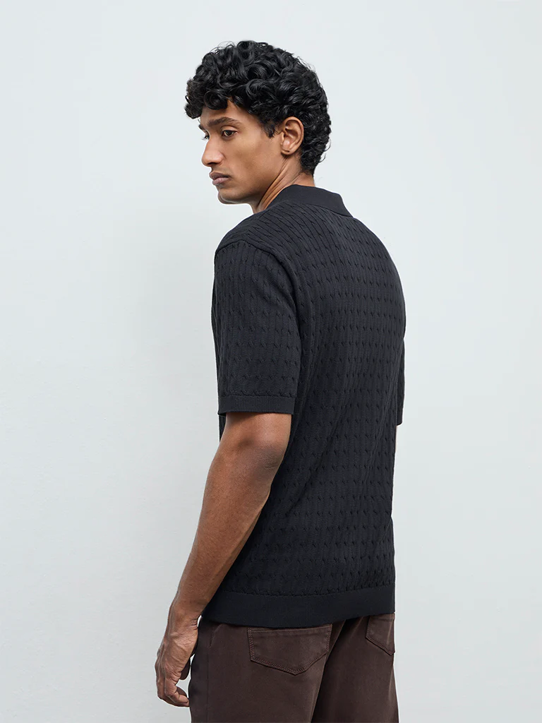 Ascot Black Cable-Knit Relaxed-Fit Cotton Polo T-Shirt - Image 4