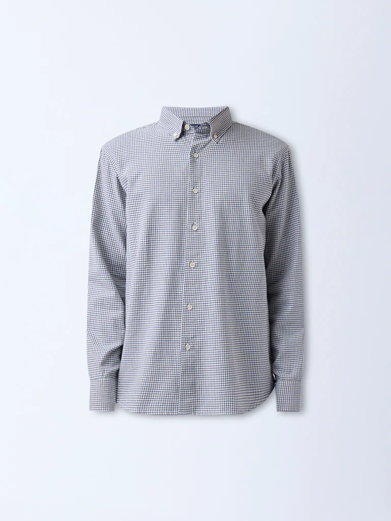 Ascot Blue Houndstooth Checks Relaxed-Fit Cotton Shirt - Image 5