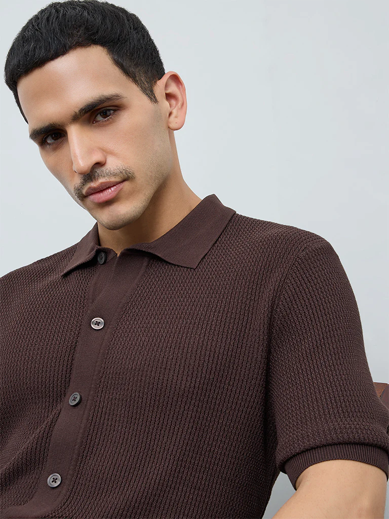 Ascot Brown Knit-Textured Relaxed-Fit Shirt - Image 3