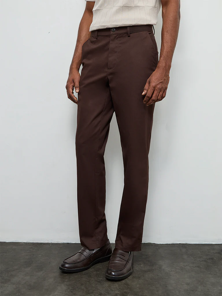 Ascot Brown Relaxed-Fit Mid-Rise Cotton-Blend Trousers - Image 3