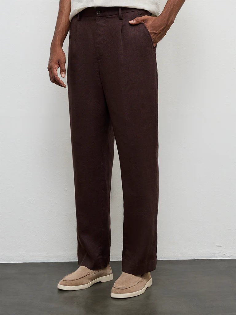 Ascot Dark Brown Mid-Rise Relaxed-Fit Linen Trousers - Image 2