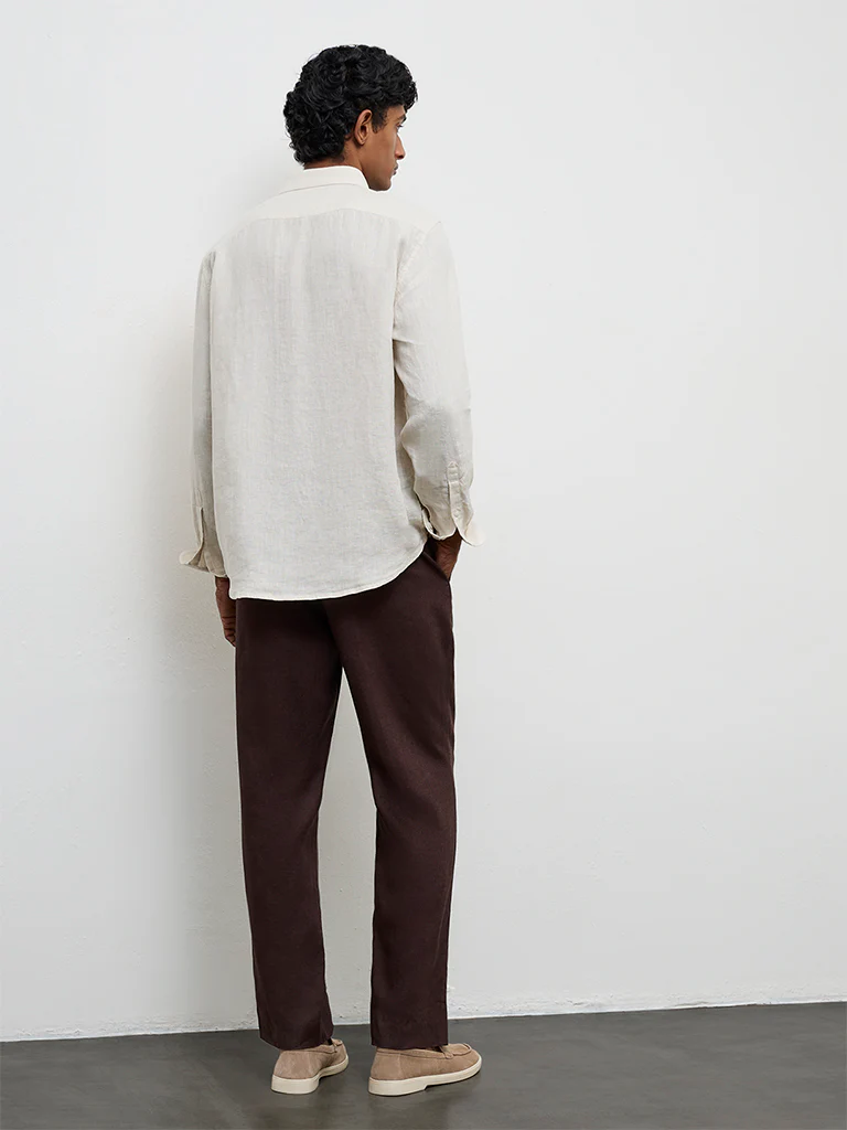 Ascot Dark Brown Mid-Rise Relaxed-Fit Linen Trousers - Image 4