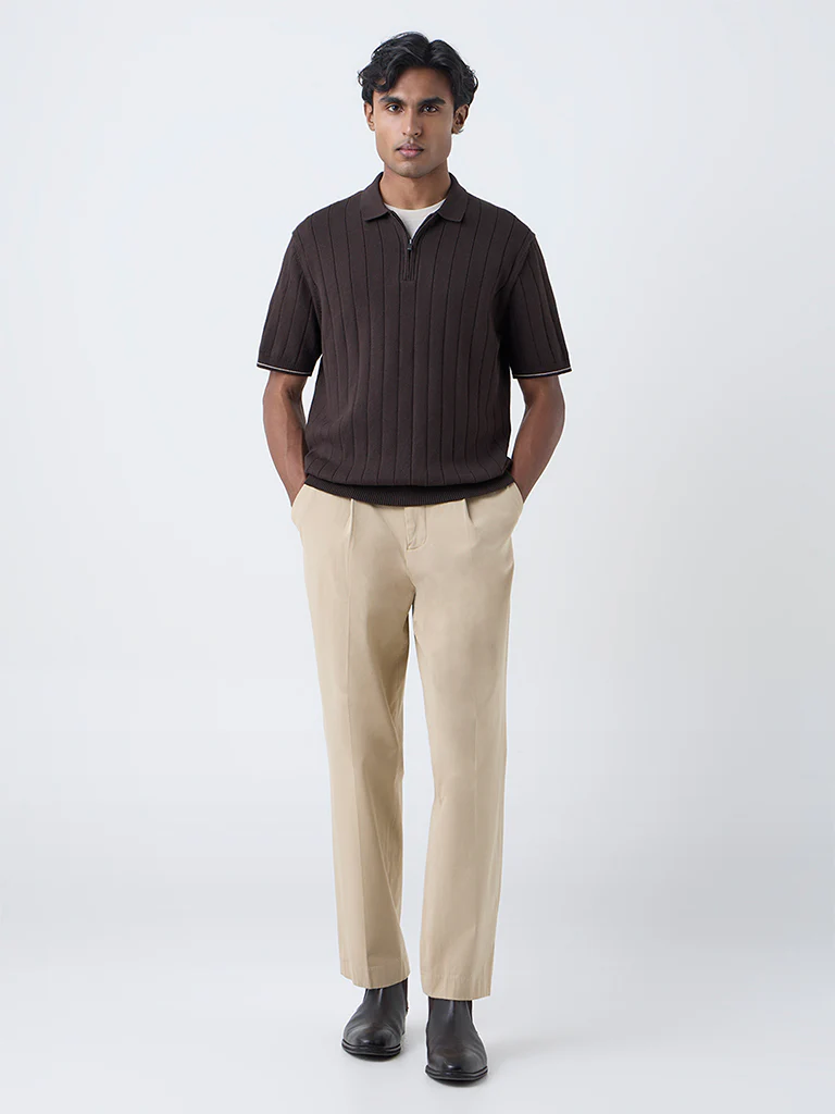 Ascot Dark Brown Relaxed-Fit Quarter-Zip Cotton-Blend Polo T-Shirt - Image 3
