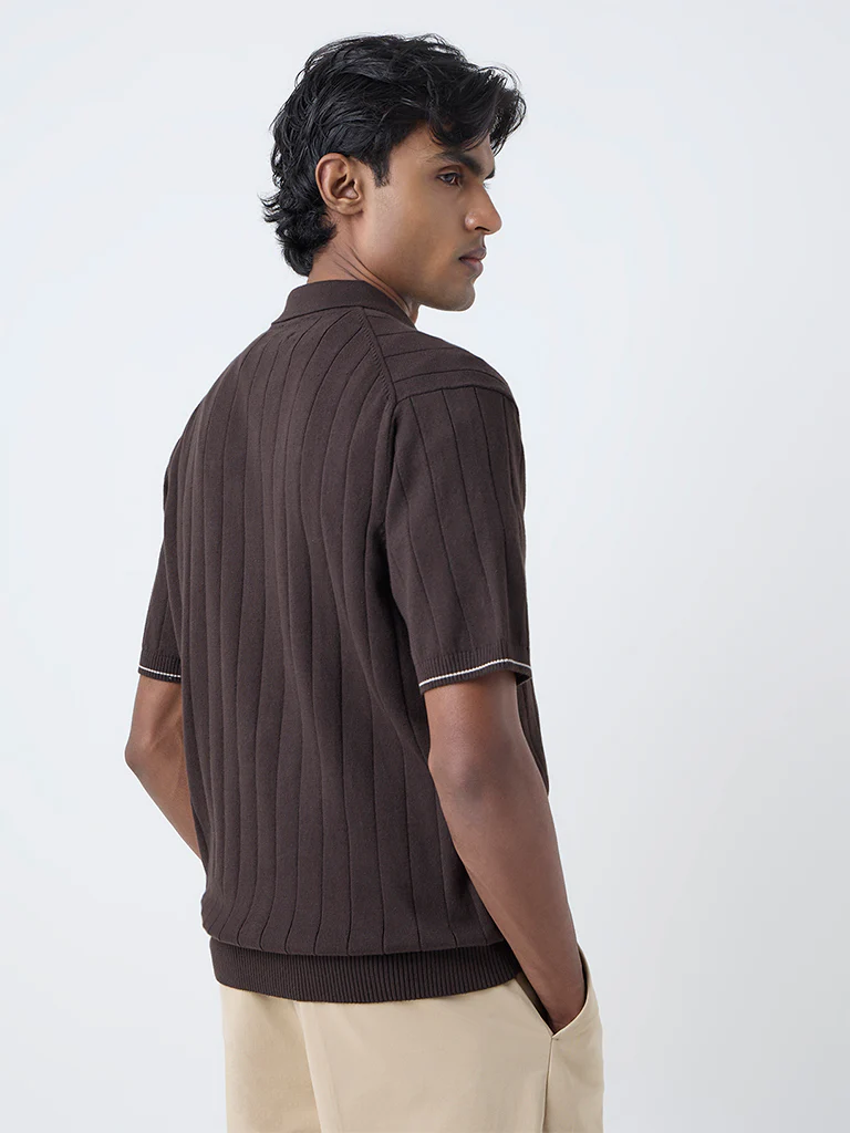Ascot Dark Brown Relaxed-Fit Quarter-Zip Cotton-Blend Polo T-Shirt - Image 5