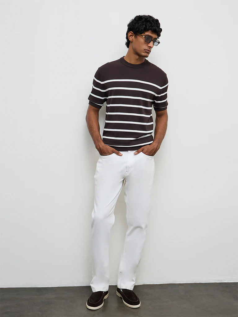 Ascot Dark Brown Striped Relaxed-Fit Cotton T-Shirt