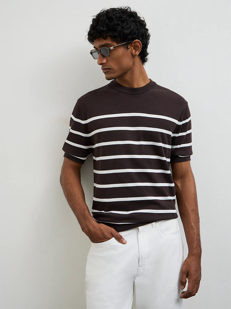 Ascot Dark Brown Striped Relaxed-Fit Cotton T-Shirt - Image 3