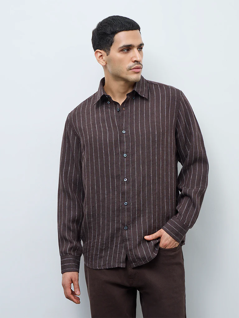 Ascot Dark Brown Striped Relaxed-Fit Linen Shirt - Image 2