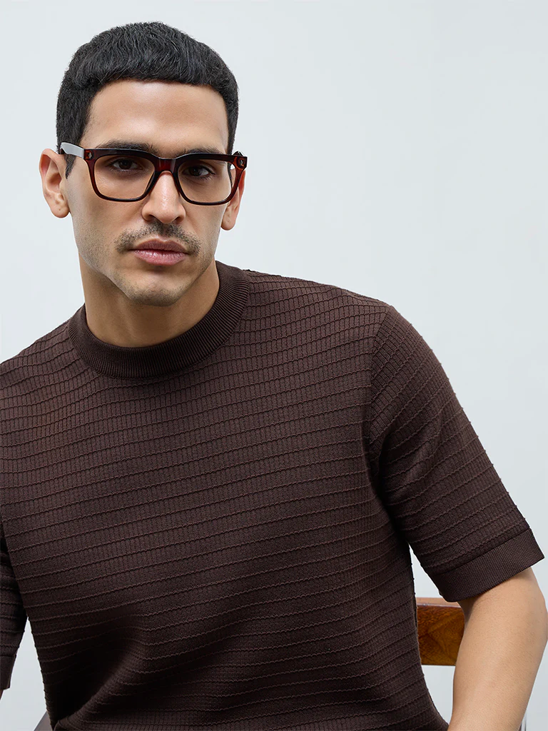 Ascot Dark Brown Textured Relaxed-Fit Cotton T-Shirt - Image 4