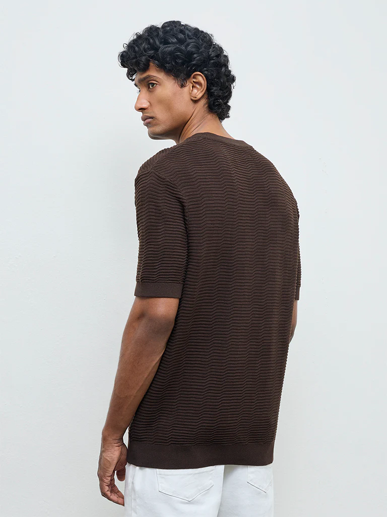 Ascot Dark Brown Textured Relaxed-Fit Cotton T-Shirt - Image 4