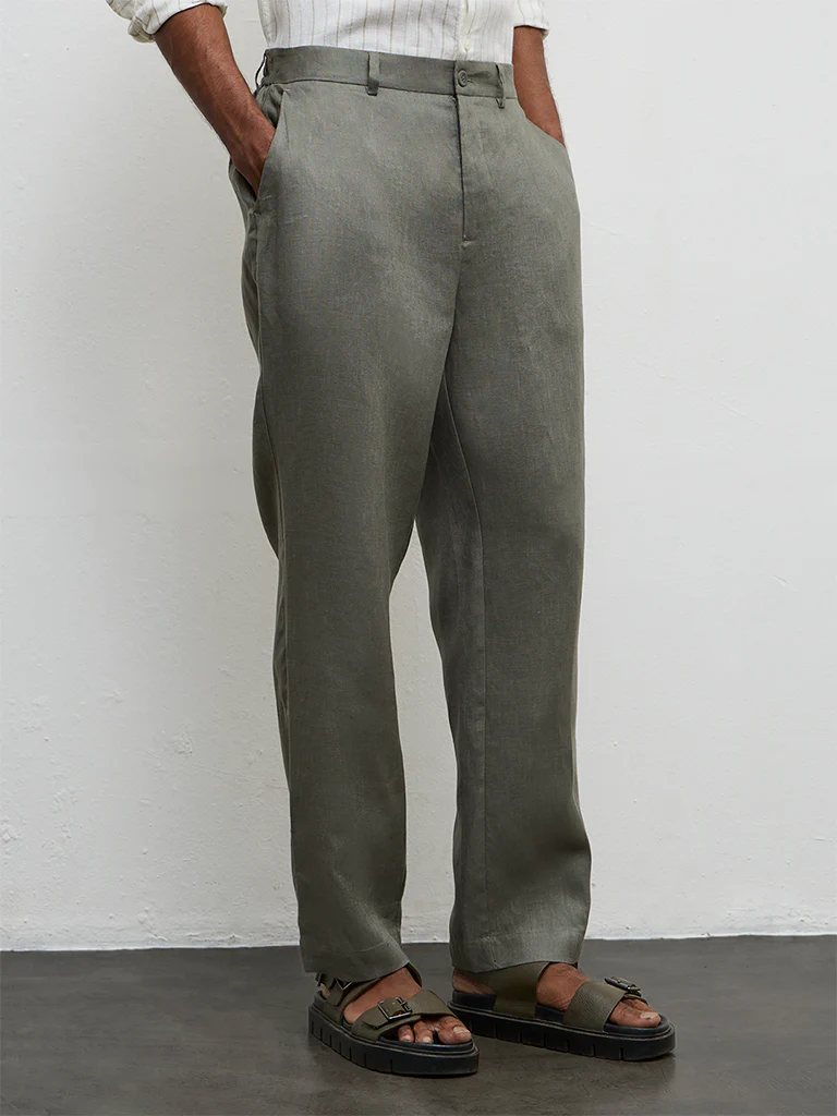 Ascot Dark Sage Relaxed-Fit Mid-Rise Linen Trousers - Image 2
