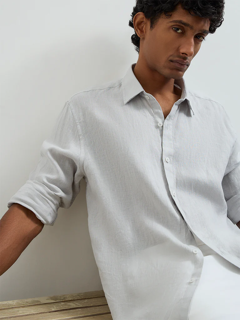 Ascot Grey Solid Relaxed-Fit Linen Shirt - Image 3