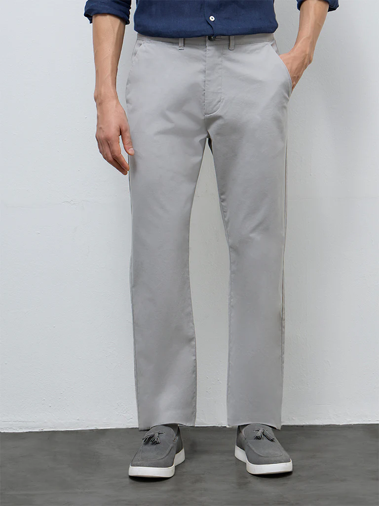 Ascot Grey Solid Relaxed-Fit Mid-Rise Cotton-Blend Trousers - Image 2