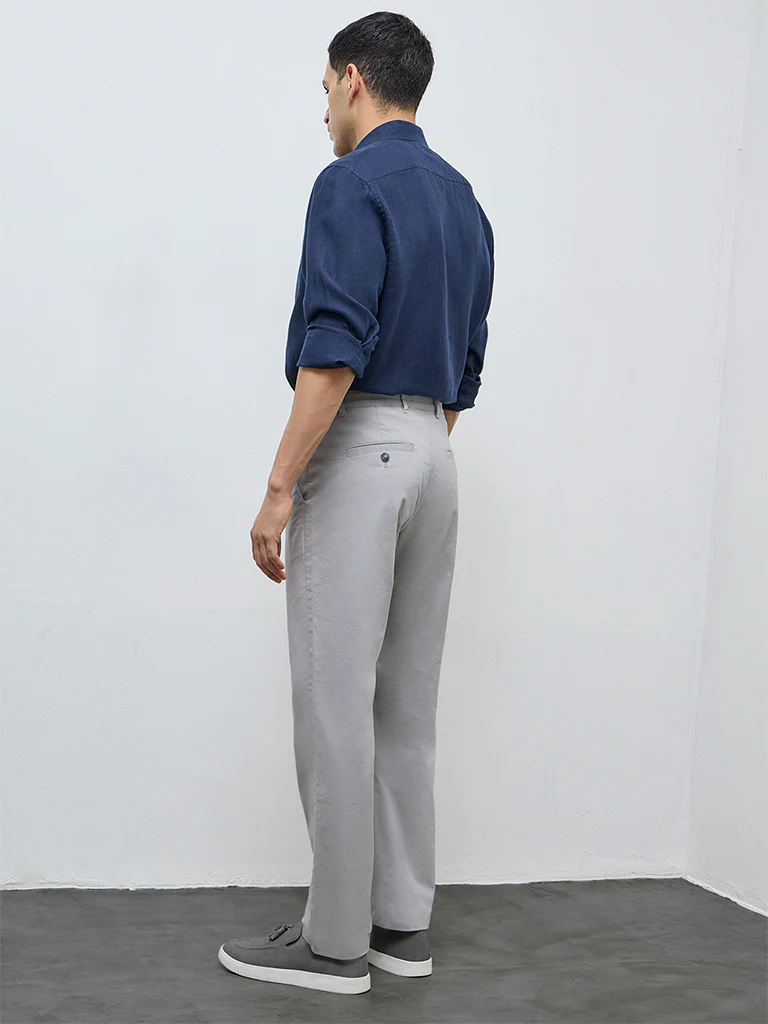 Ascot Grey Solid Relaxed-Fit Mid-Rise Cotton-Blend Trousers - Image 4