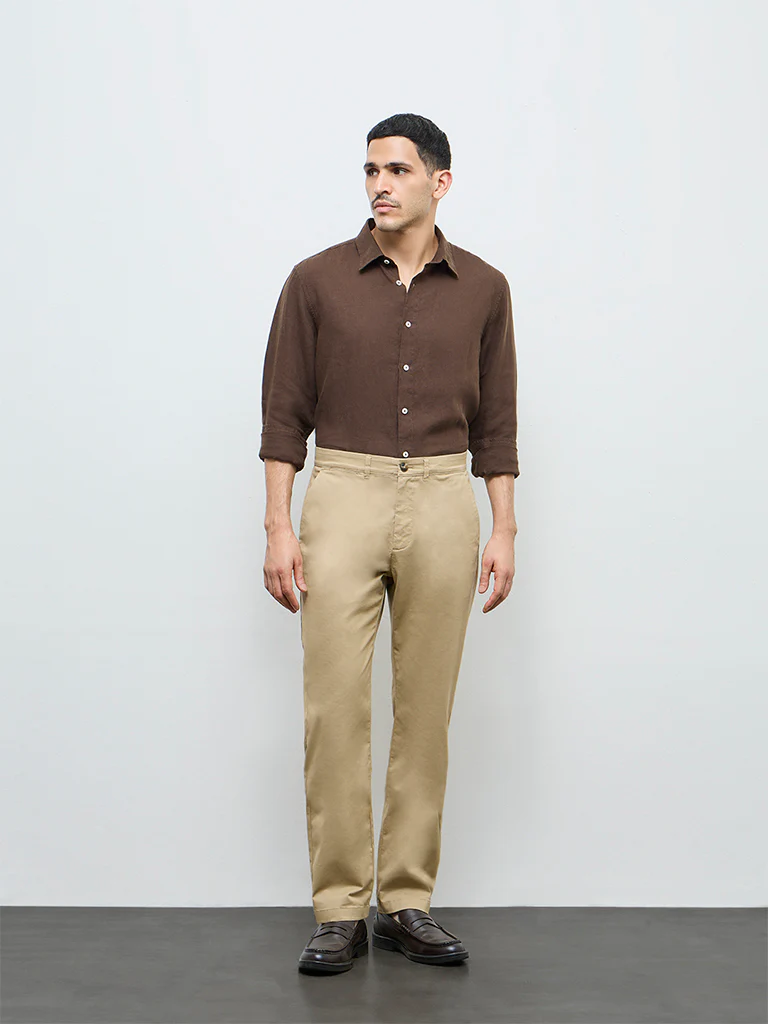 Ascot Khaki Relaxed-Fit Mid-Rise Cotton-Blend Trousers