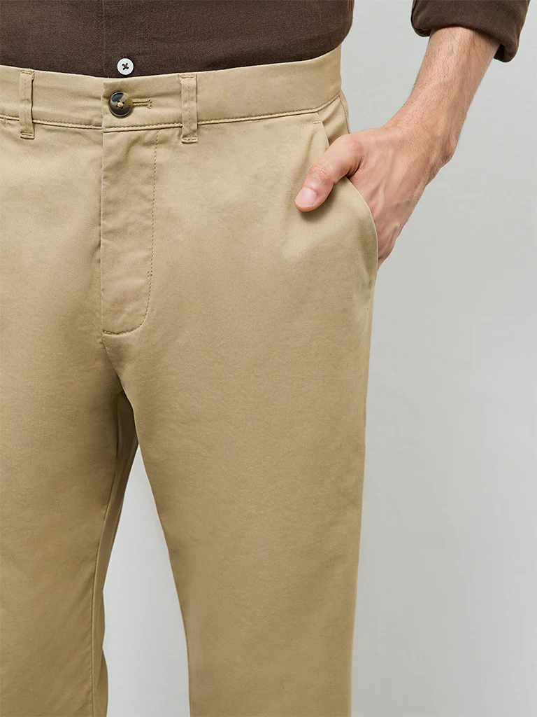 Ascot Khaki Relaxed-Fit Mid-Rise Cotton-Blend Trousers - Image 3