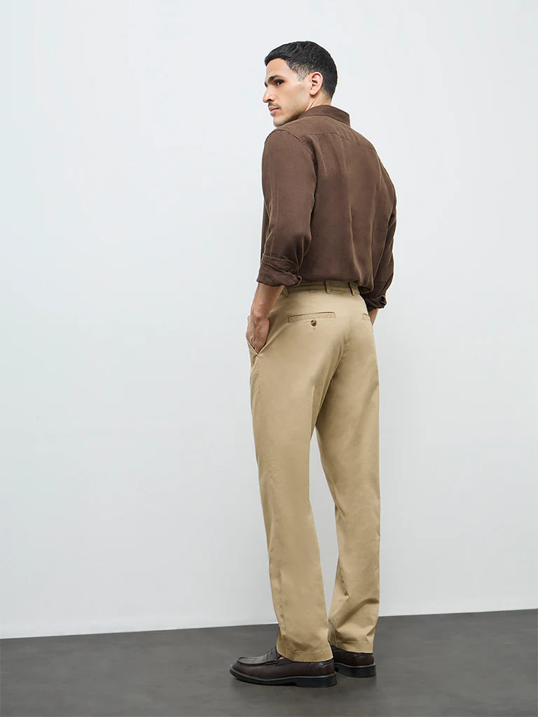 Ascot Khaki Relaxed-Fit Mid-Rise Cotton-Blend Trousers - Image 4