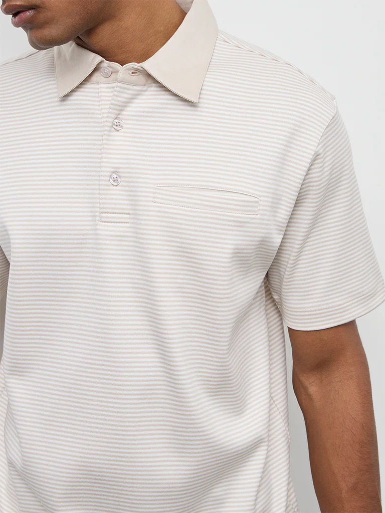 Ascot Light Beige Striped Relaxed-Fit Cotton Polo T-Shirt - Image 4
