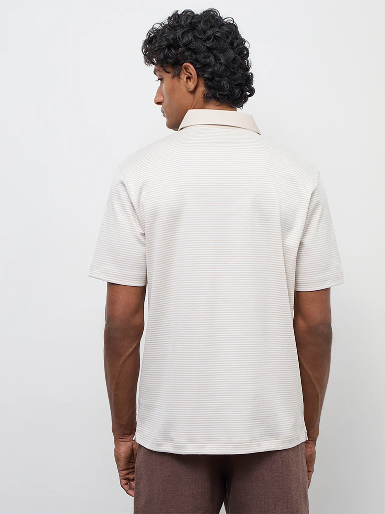 Ascot Light Beige Striped Relaxed-Fit Cotton Polo T-Shirt - Image 5