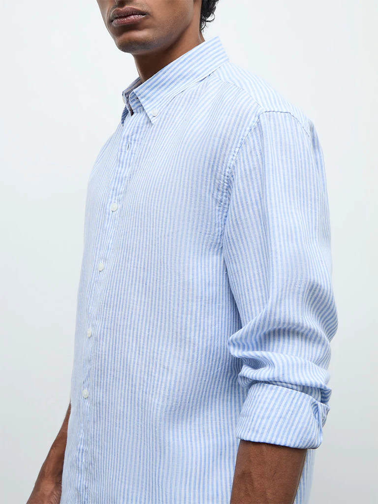 Ascot Light Blue Striped Relaxed-Fit Linen Shirt - Image 2
