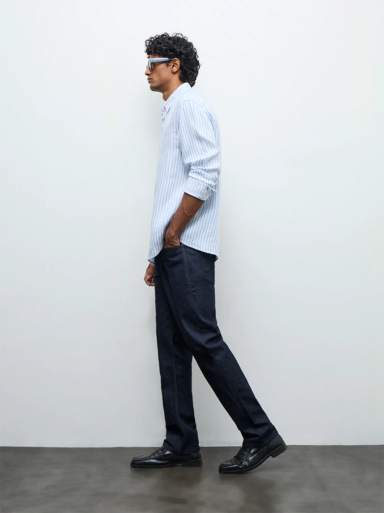 Ascot Light Blue Striped Relaxed-Fit Linen Shirt - Image 2