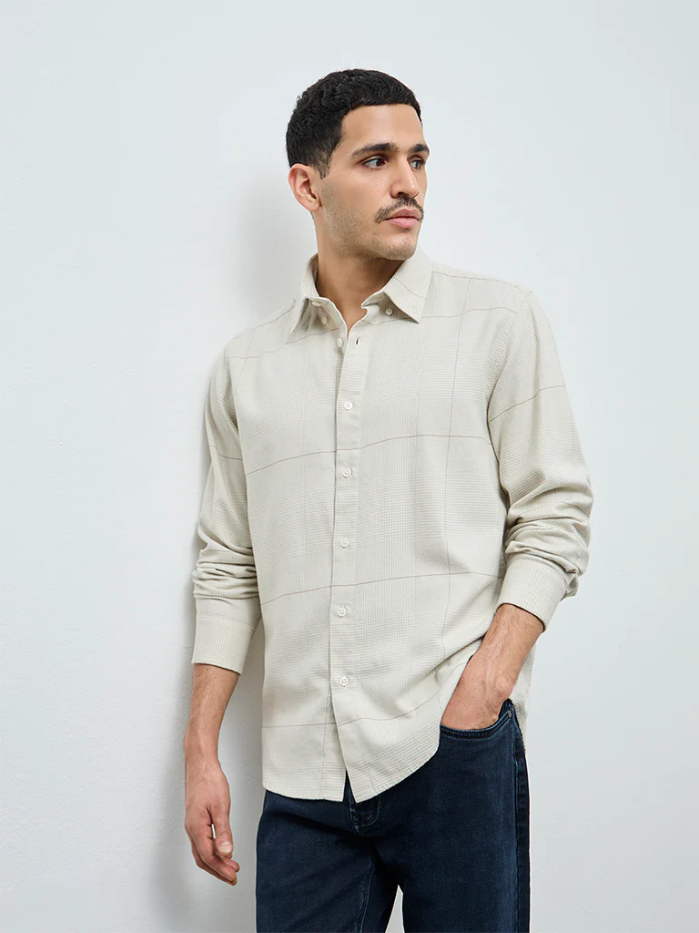 Ascot Light Taupe Checkered Relaxed-Fit Cotton Shirt