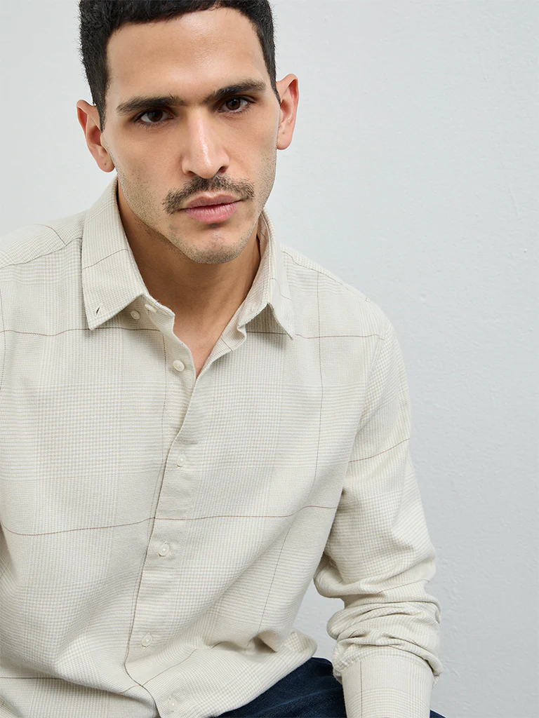 Ascot Light Taupe Checkered Relaxed-Fit Cotton Shirt - Image 2