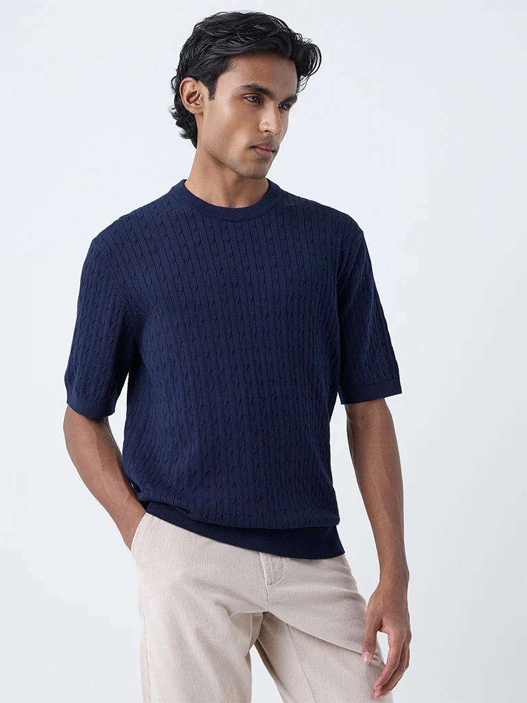 Ascot Navy Cable-Knit Relaxed-Fit Cotton T-Shirt - Image 3